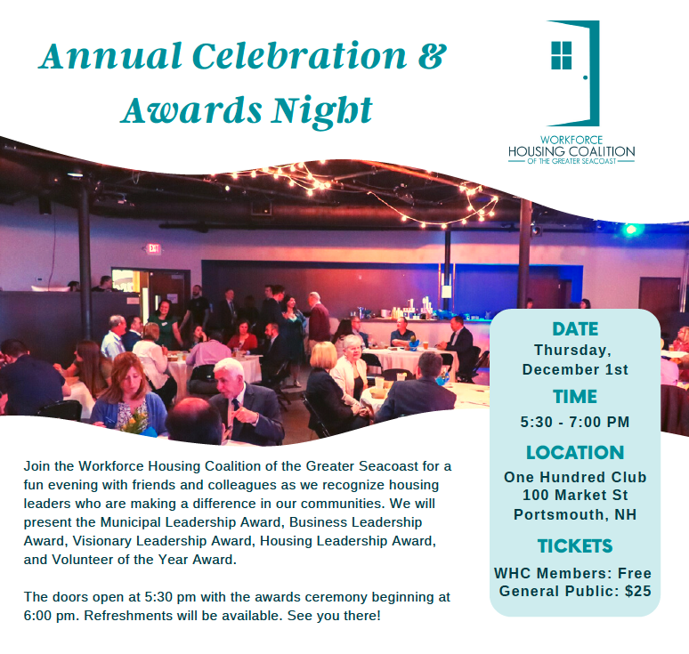 The @SeacoastWHC is hosting their Annual Celebration & Awards Night on Thursday, December 1st at the One Hundred Club in Portsmouth, NH. 
 
Tickets for WHC members are free and $25 for the general public. RSVP here:
seacoastwhc.org/happenings

#NHEvents #NHHousing #NHSeacoast