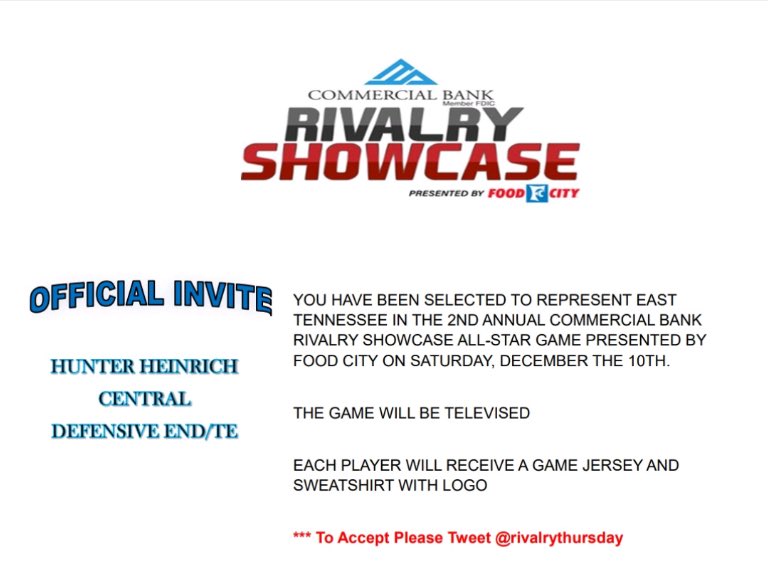 Hunter Heinrich (@hunterh2023) on Twitter photo Thank you for this invite to be selected for the Rivalry Showcase! Thankful to get another chance to play some more football. <a href="/rivalrythursday/">RIVALRY THURSDAY</a> Thank you for this invite to be selected for the Rivalry Showcase! Thankful to get another chance to play some more football. <a href="/rivalrythursday/">RIVALRY THURSDAY</a>