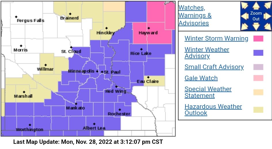 Widespread Winter Weather Advisories across much of southern and southeastern Minnesota for tomorrow's snow potential. This includes Sherburne and Wright counties, but also the Twin Cities and the I-90 corridor. Several inches of snow are expected in this area #MNwx https://t.co/TERsaobkQf
