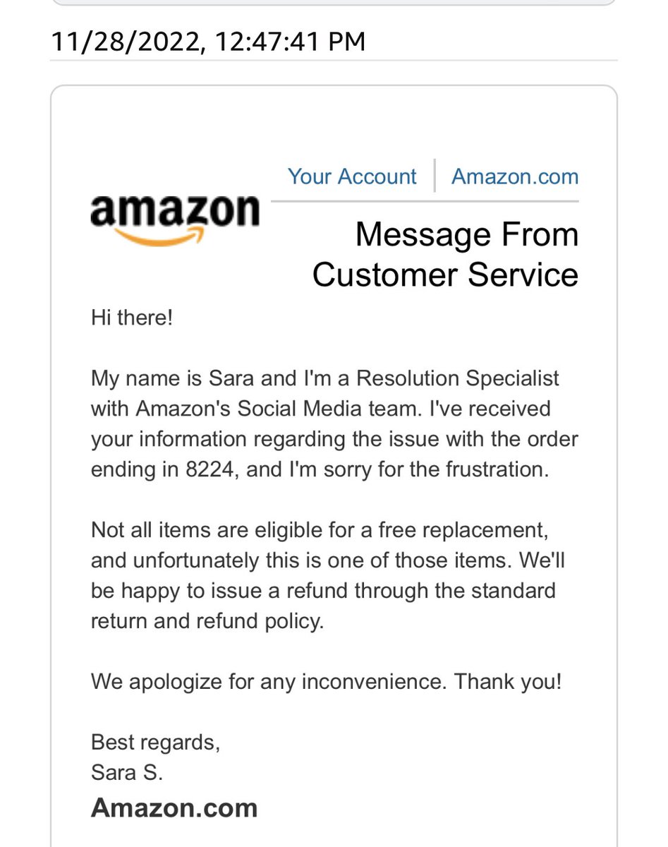 aawaaraa_'s tweet photo. @AmazonHelp So I received this response. 
I understand that this item falls under no replacement. So I am at loss. I don't want to return it. Atleast can you provide partial refund for damaged box and open box item instead of full refund and I can rest this case. https://t.co/zW40XEGPwX