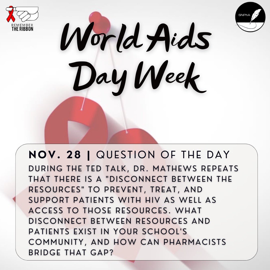 SNPhARTR's tweet photo. Day 1 of World AIDS Day Week! 

Watch the Ted Talk titled “Fighting HIV Stigma through Access, Mobilization, and Equity” by Dr. Allison Mathews. Swipe for our Question of the Day and head to the community page with your response! https://t.co/bzibLNfPr5