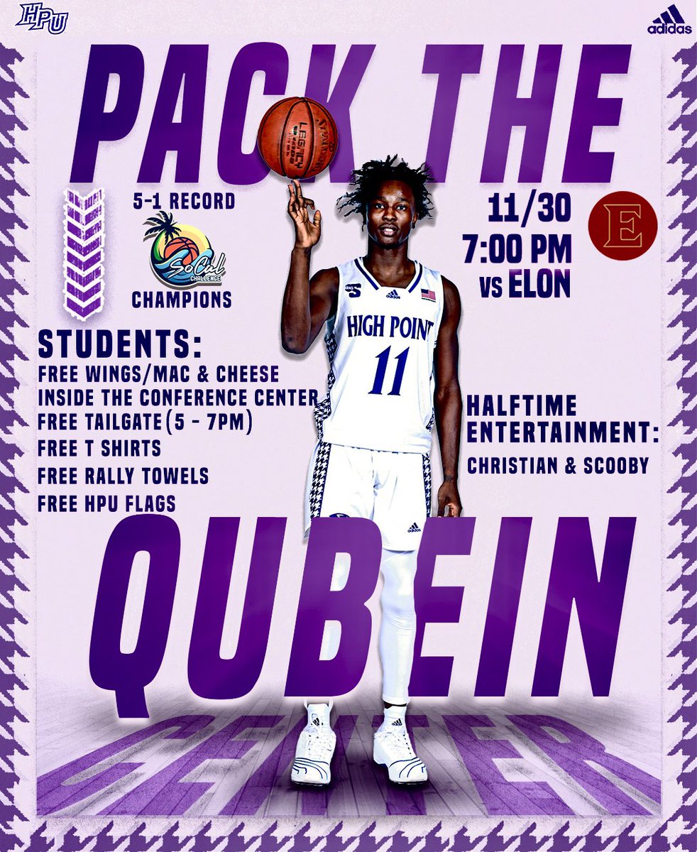 Panther Nation, we need 𝐄𝐕𝐄𝐑𝐘𝐎𝐍𝐄 to 𝐏𝐀𝐂𝐊 𝐓𝐇𝐄 𝐐𝐔𝐁𝐄𝐈𝐍 𝐂𝐄𝐍𝐓𝐄𝐑 on Wednesday Night🏀‼️

Wednesday, Nov. 30 - 
🆚: Elon
⏰: 7PM
📍: Qubein Center
🆓 HPU T shirts(Everyone)
🆓 HPU Flags(Students Only)
🆓 HPU Rally Towels(Students Only)

#GoHPU