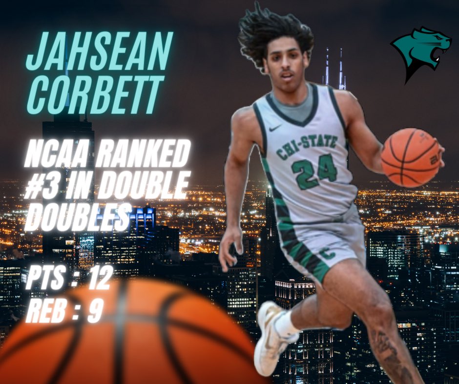 ChicagoStateMBB's tweet photo. Jahsean Corbett ranked #3 in the #NCAA in #DoubleDouble @jahsean 

@mid_madness @midmajorhoops @MarchMadnessMBB @JonRothstein #CSUMBB #CSU #ChicagoState #Chicagostatemensbasketball #chistatembb #Chicago #Southside https://t.co/aMlAuOToPD