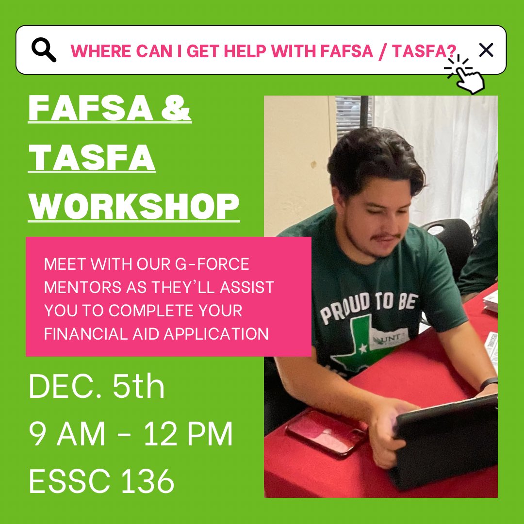 🚨LAST CALL FOR FAFSA/TASFA 🚨 

Finish your financial aid application with access to our G-Force mentor’s assistance! They will be located at the ESSC building RM 136 from 9am-12pm.