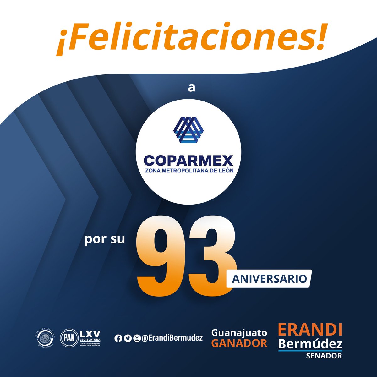 Muchas felicidades por el #93aniversario de la @COPARMEX_LEON, una institución que contribuye en el desarrollo empresarial y económico de nuestro #GuanajuatoGanador. ¡Enhorabuena! Que sigan los éxitos. #CoparmexZNdeLeón