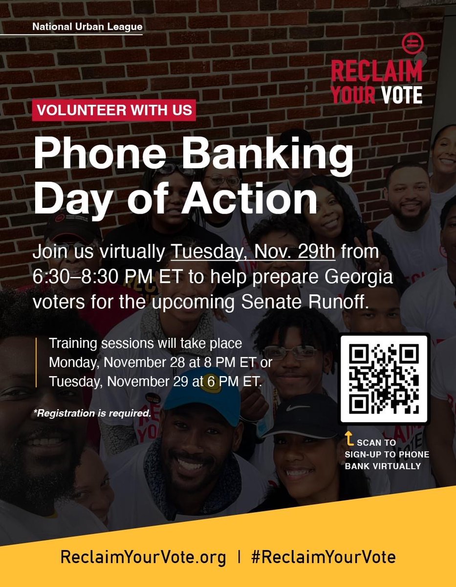 ☎️ Phone bank with #TheMovement tomorrow! 

Join us in person in #DC or #NewYorkCity or virtually from anywhere to empower #Georgia voters to make their voice heard in the upcoming runoff election. 

🔗 bit.ly/NatUrbanLeague…

#ReclaimYourVote