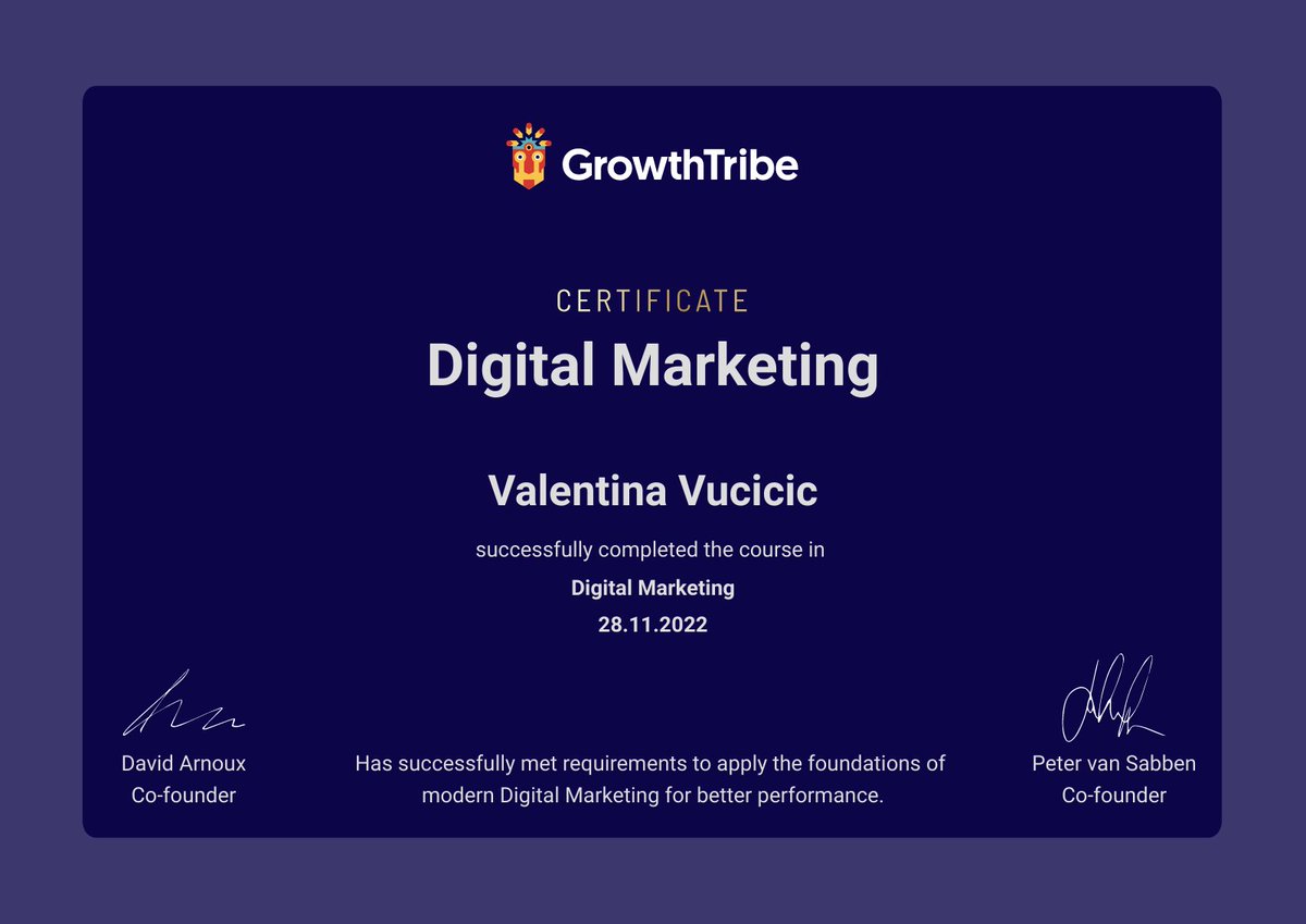 I got a new #digitalmarketing certificate! Another Digital Marketing titled certificate I received from Growth Tribe via <a href="/sertifier/">Sertifier</a>.

#digitalmarketer #DigitalMarketingConsultant