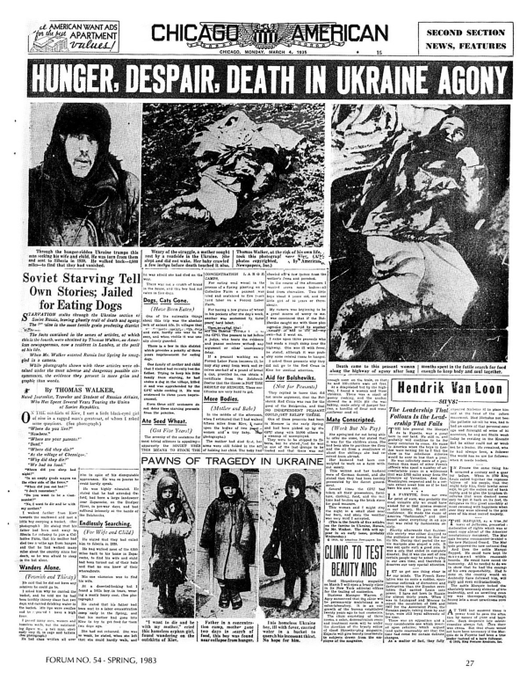 Description	
English: Photo by Thomas Walker in Chicago American, reporting people eating cats and dogs to survive in Soviet Ukraine, 1935
Date	3 March 1935
Source	New York Evening Post, Daily Express Journals
Author	Unknown author