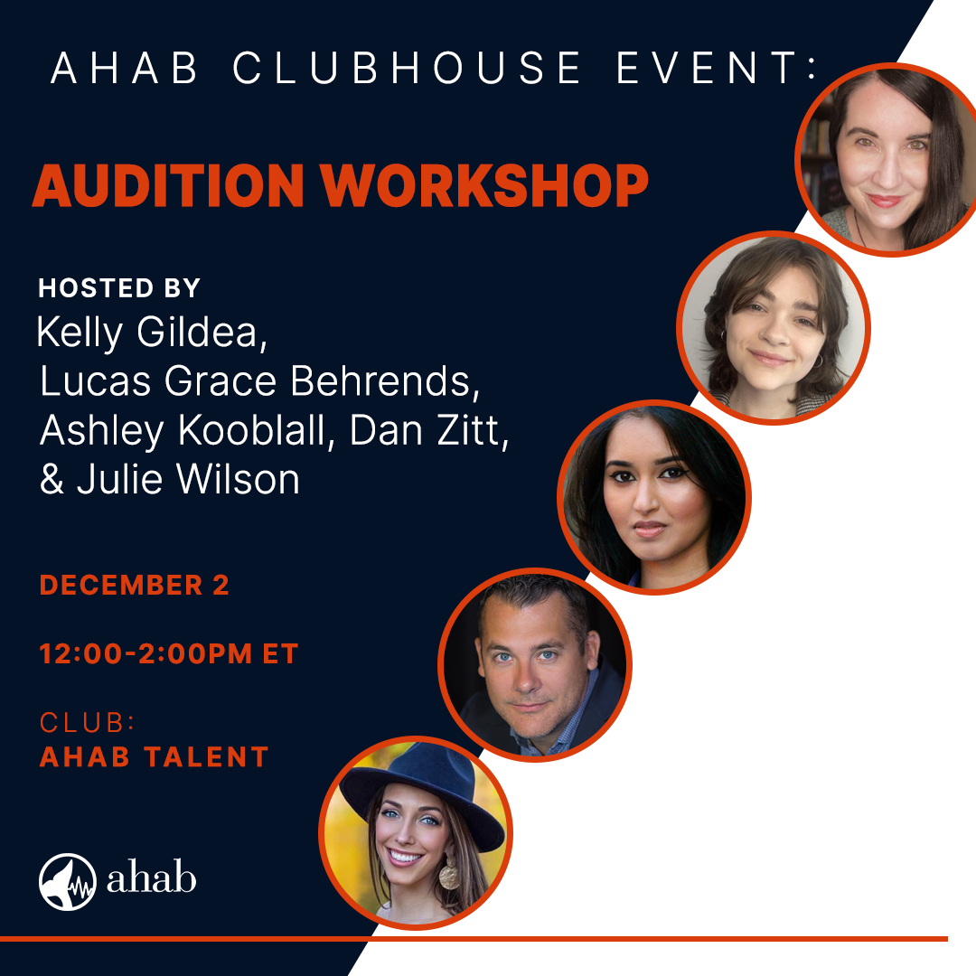 AhabTalent (@ahabtalent) on Twitter photo A special Clubhouse event coming your way!🎉
You have 3 minutes to audition for Ahab co-creators <a href="/JuliannaNWilson/">Julie Wilson | NYC</a> & <a href="/RealDanZitt/">Dan Zitt</a> and <a href="/PRHAudio/">Penguin Random House Audio 🎧 📚</a> producers Kelly Gildea, Lucas Grace Behrends, & Ashley Kooblall!
Tune in 12/2, 12:00pm ET / 9:00am PT, at Club: Ahab Talent A special Clubhouse event coming your way!🎉
You have 3 minutes to audition for Ahab co-creators <a href="/JuliannaNWilson/">Julie Wilson | NYC</a> & <a href="/RealDanZitt/">Dan Zitt</a> and <a href="/PRHAudio/">Penguin Random House Audio 🎧 📚</a> producers Kelly Gildea, Lucas Grace Behrends, & Ashley Kooblall!
Tune in 12/2, 12:00pm ET / 9:00am PT, at Club: Ahab Talent