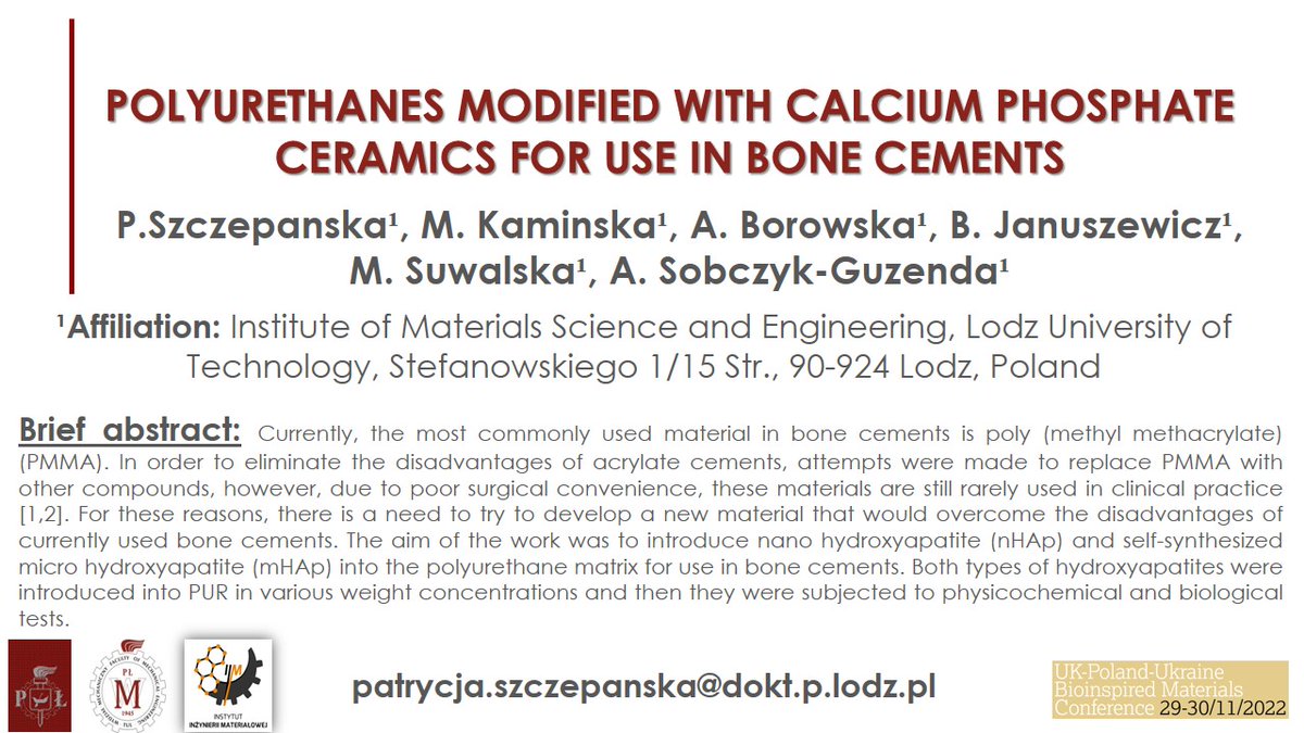 ukplbioinspired's tweet photo. The next #UKPLUABioinspied poster contribution is from Patrycja Szczepańska from Lodz University of Technology. Don't miss this work on polyurethanes modified with calcium phosphate to be used in #bonecements: https://t.co/0Xkb03a8wW