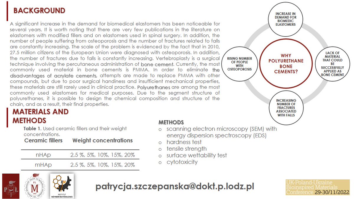 ukplbioinspired's tweet photo. The next #UKPLUABioinspied poster contribution is from Patrycja Szczepańska from Lodz University of Technology. Don't miss this work on polyurethanes modified with calcium phosphate to be used in #bonecements: https://t.co/0Xkb03a8wW