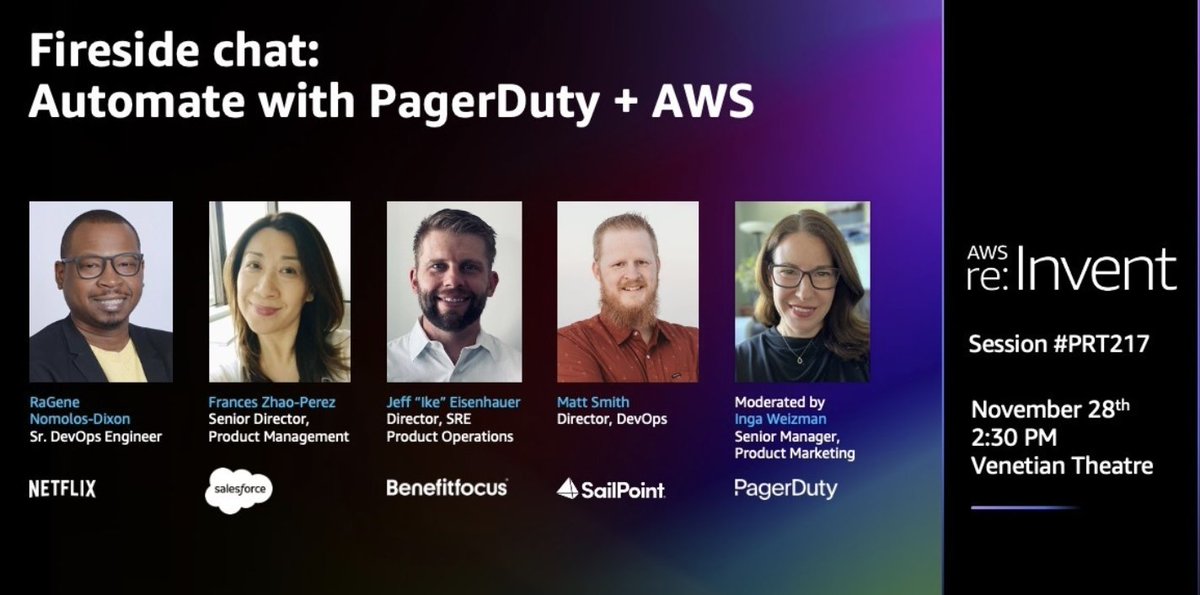 MayTong13's tweet photo. FIRESIDE CHAT: #AUTOMATE WITH #PAGERDUTY + #AWS WITH INDUSTRY LEADERS
Session # PRT 217. Mon, Nov 28th, 2:30pm at the Venetian Theatre #LasVegas #reInvent #AWSreInvent. Come check it out! #Netflix #Salesforce #Benefitfocus #Sailpoint https://t.co/8R8P9qEeGU