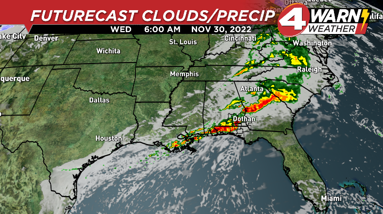 Ingredients should come together for an outbreak of severe t'storms over parts of the South Tuesday into Tuesday night, w/ the bulls-eye over Mississippi. The line of showers &amp; t'storms should arrive in the Wiregrass around the morning commute Wednesday w/ a lower severe threat.