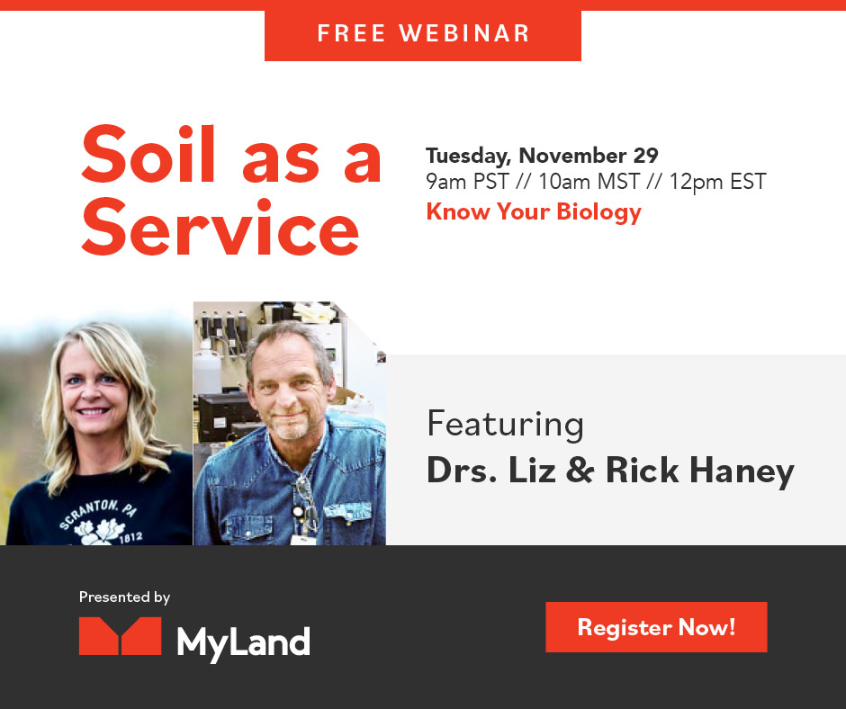 Don't miss our Soil as a Service webinar tomorrow, Tuesday, November 29 at 9 am PST on Know Your Biology with Drs. Liz and Rick Haney. They will share the importance of knowing and understa... myland.ag/webinars?utm_c… #soilasaservice #webinars #regenerativeagriculture #soilhealth