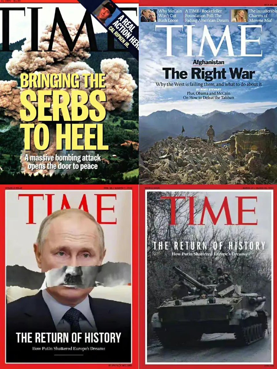 Here is a selection of Time magazine covers confirming my words about the double standards of the West.
1995. 
'Bringing the Serbs to heel. A massive bombing attack opens the door to peace.' This headline is, of course, the height of cynicism and hypocrisy.