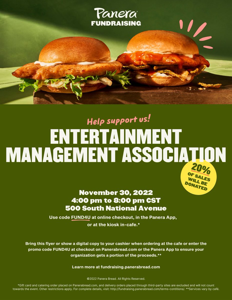 Have Panera for dinner on Wednesday November 30th! 😋 Come with us after meeting, go before, or order online from 4pm-8pm!

Show them our flyer or order online with the code FUND4U! Be sure to take a picture of your receipt and send it to Haile, our Fundraising rep!