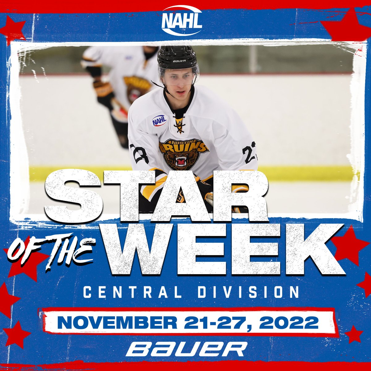 NAHLHockey's tweet photo. #NAHL @BauerHockey Central Division Star of the Week for November 21-27, 2022: Gavin Morrissey, Forward, @theaustinbruins https://t.co/ivd96Lb86T https://t.co/GXzjUGh6rj