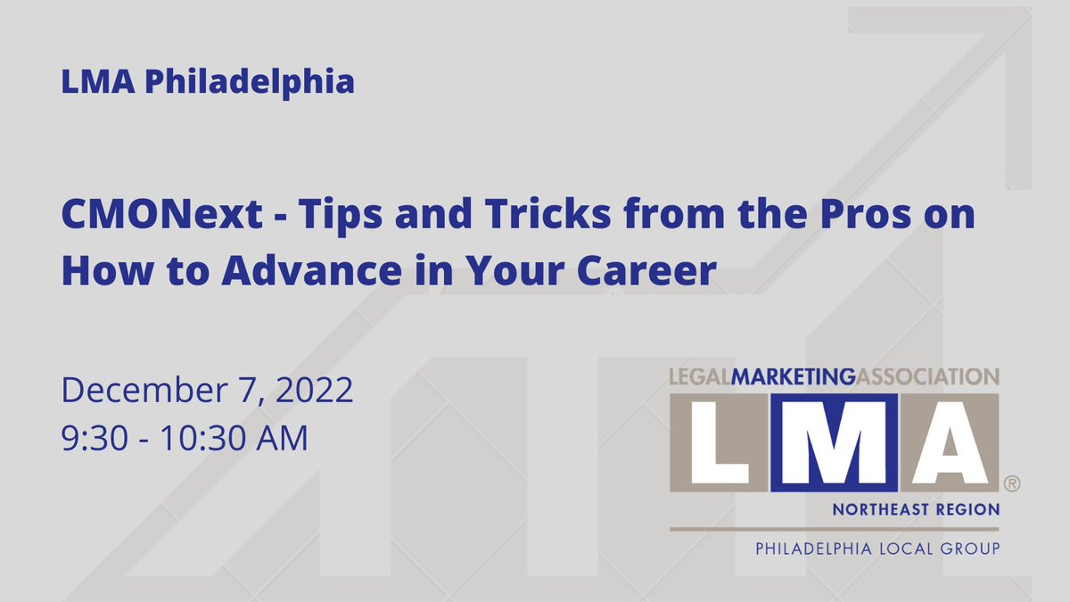 Join #LMANE_Philly's LMANext &amp; CMO SIGs for a virtual roundtable: "Tips &amp; Tricks from the Pros on How to Advance in Your Career" Join our experienced CMOs for #CareerAdvice, to discuss challenges, and to learn legal marketing best practices.

bit.ly/3XDNg4b

#LMAmkt
