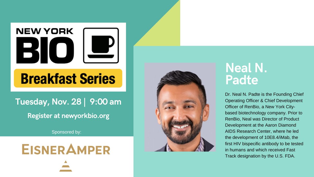 Looking forward to tomorrow's episode of #VirtualBreakfast Series featuring <a href="/NealPadte/">Neal Padte</a>

We'll explore his journey with the Aaron Diamond AIDS Research Center at <a href="/Columbia/">Columbia University</a>, to a founding position at <a href="/RenBioNYC/">RenBio</a>

Register here and join us Tomorrow at 9:00!
lnkd.in/gXMZv74P