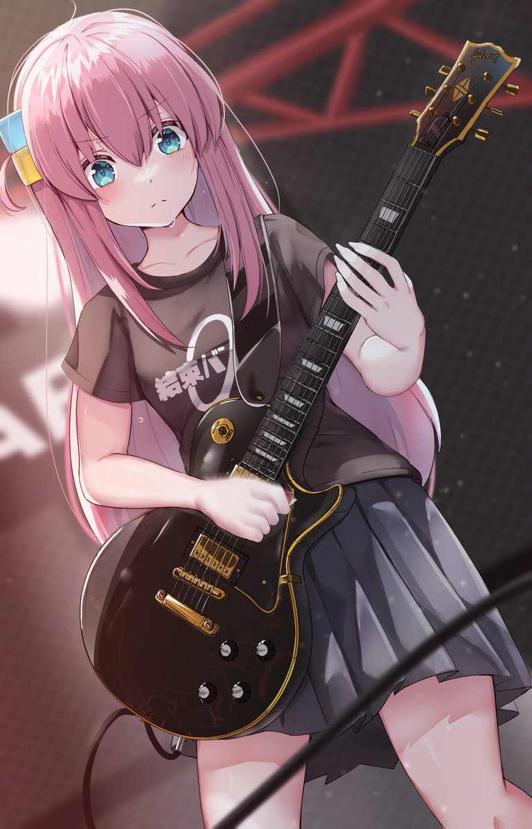 gotou hitori 1girl pink hair instrument electric guitar long hair cube hair ornament skirt  illustration images