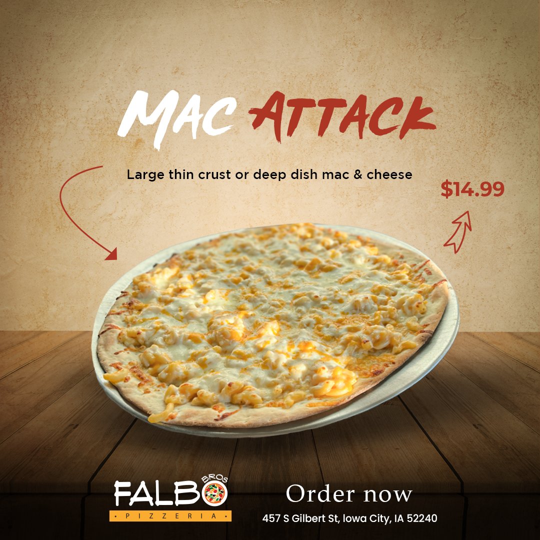 realFalbosIC's tweet photo. Mac Attack Pizza is available at your favorite Falbo Brothers Pizzeria on Mondays. Grab it at just $14.99 and start your week off right!
https://t.co/gpB0camUkt

#Pizza #Restaurant #Iowacity #Falbos #MondaySpecial #MacAttack #ThinCrust #DeepDish #MacAndCheese https://t.co/ortB7JSNAZ