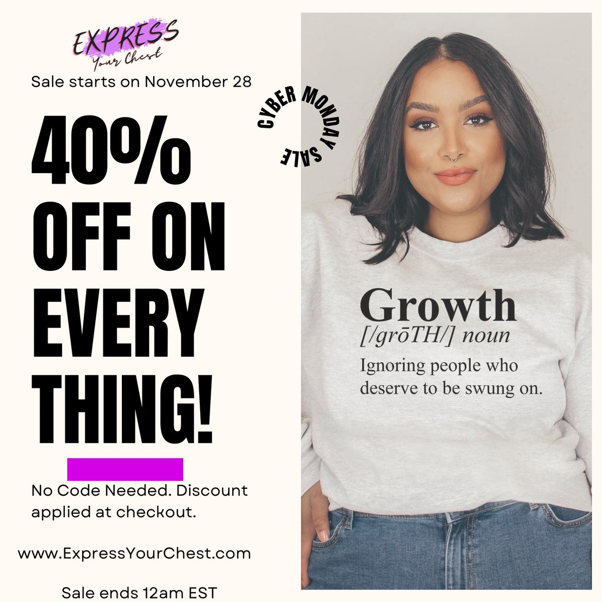 MzCprettyFly's tweet photo. Have you reached this level of growth?

Grab your #Growth T during our Cyber Monday sale! Save 40% site wide TODAY ONLY! https://t.co/Mw1AMqzu79 
#expressyourchest #quotetshirt #40percentoff #onedaysale #CyberMonday #foryou #explore #smallbusiness #sale #growthmindset https://t.co/bbiw8iwUUv