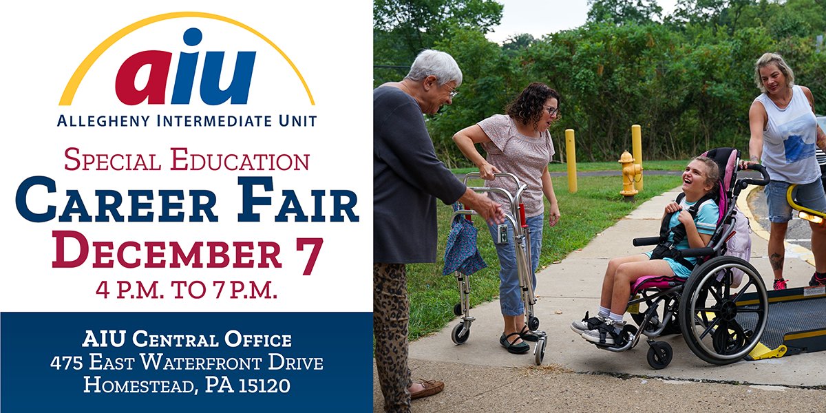 Begin or continue your career in Special Education at the Allegheny Intermediate Unit! The AIU is hosting a Special Education Career Fair on Wednesday, Dec. 7, to fill a variety of positions in our special education programming. Register today: bit.ly/3AkxukF