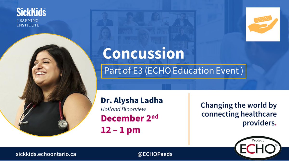 ECHOPaeds's tweet photo. #HCPs, we're privileged to have Dr.@AlyshaLadhaMD closing our annual ECHO Education Event (#E3) with a talk on "Concussion".
Open session, free to join.
🗒️Case discussion with our interprofessional #PedsPain community follows.
Dec 2 | 12-1pm
REGISTER➡️https://t.co/LwvkqfFB36 https://t.co/i9K37qTSGM