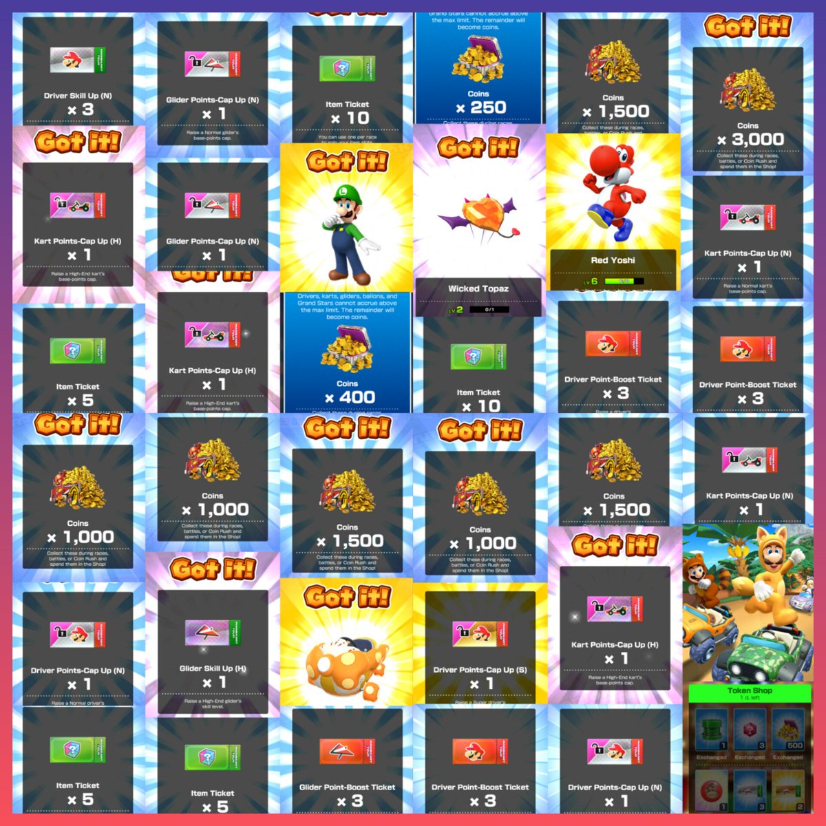 AndiSkateVida's tweet photo. Tubería de tienda de fichas sin rubies 🫠 pero con 11k+ coins, 1 boleto MS de ala y 3 de aumento de kart MS, y ese topacio perverso que solito comienza a subir de nivel. Lo demás 💩 de siempre.
#TokenShop #AnimalTour #MarioKartTour https://t.co/EPUFNIOfHL