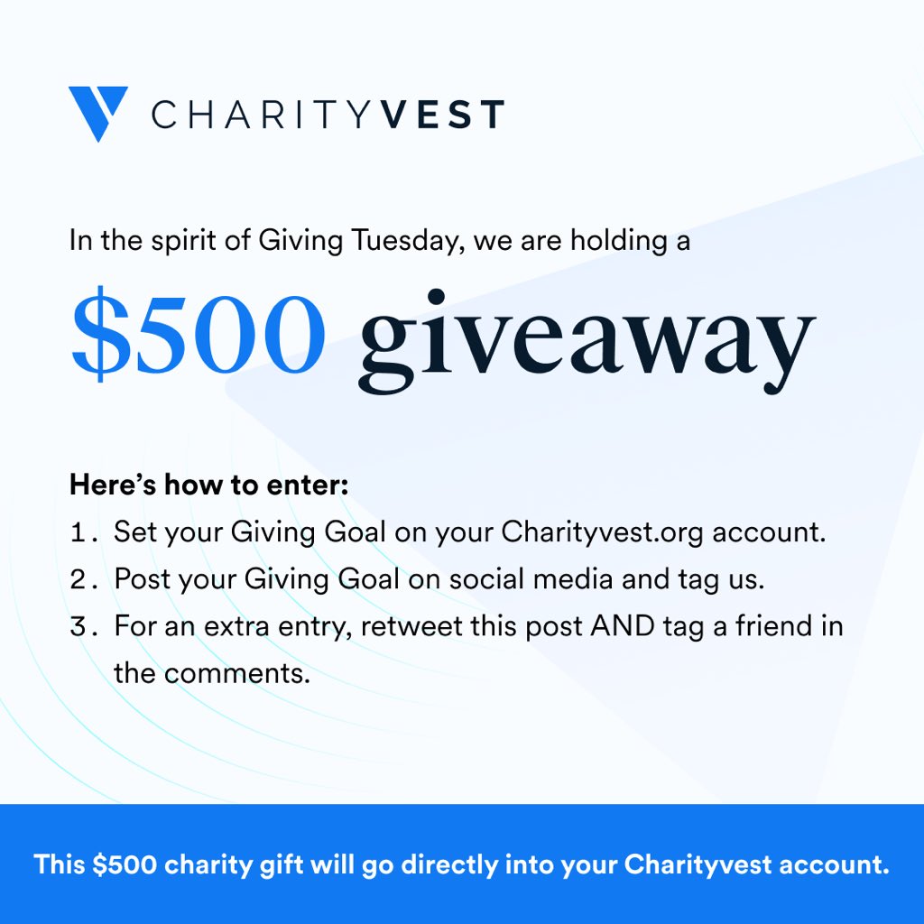 Charityvest's tweet photo. GIVEAWAY ANNOUNCEMENT! 📣⁠

In the spirit of #GivingTuesday, we are giving away a $𝟓𝟎𝟎 𝐜𝐡𝐚𝐫𝐢𝐭𝐲 𝐠𝐢𝐟𝐭. 🎉⁠

Here's how to enter:⁠

1️⃣ Set your Giving Goal on your https://t.co/78Y22I1cmZ account.⁠

2️⃣ Post your Giving Goal on social media and tag us.⁠

🧵⬇️ 1/2 https://t.co/sVFPsHy1lr