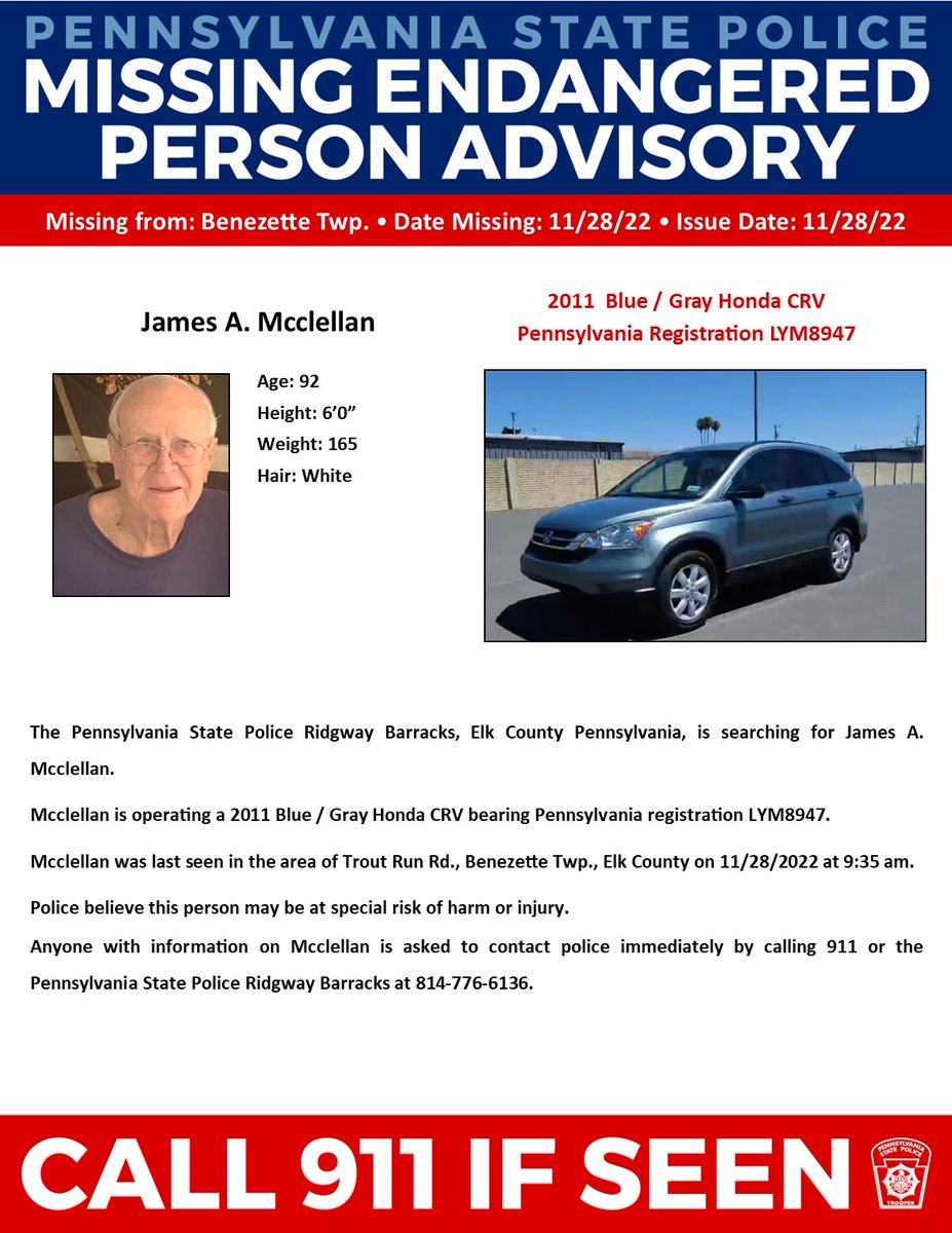 PA State Police on Twitter "ELK COUNTY Missing Endangered Person