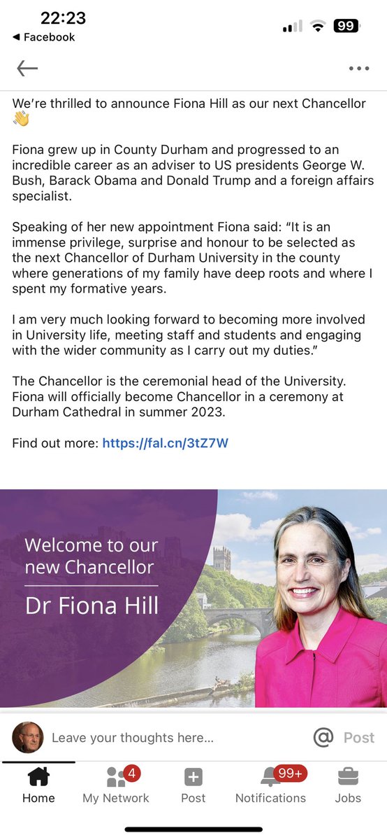 Very good news from <a href="/durham_uni/">Durham University</a>: Fiona Hill appointed as Chancellor.
