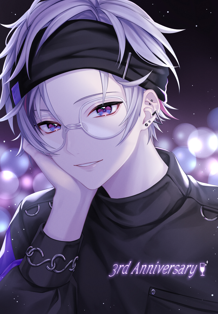 1boy male focus glasses solo looking at viewer purple hair purple eyes  illustration images