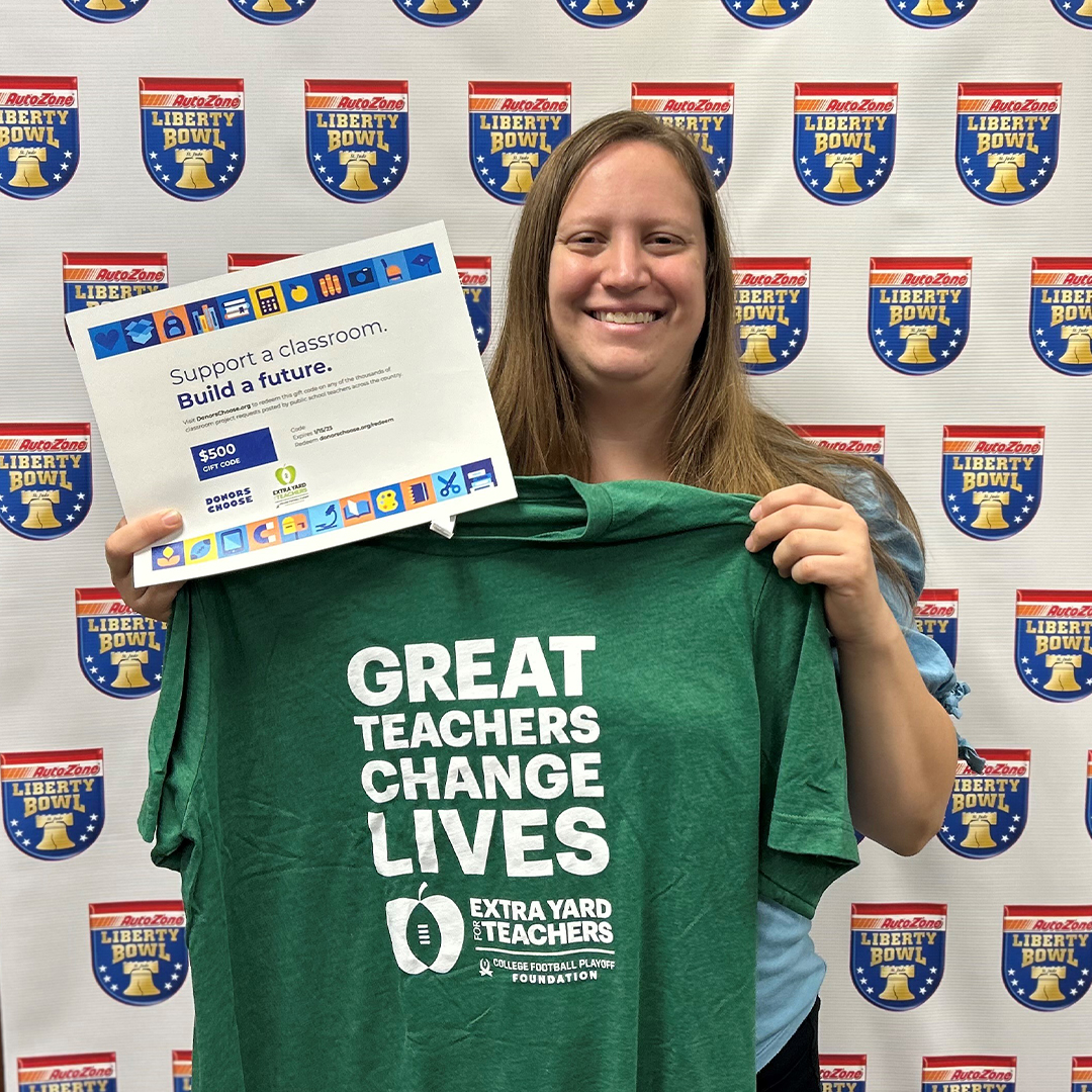 AZOLibertyBowl's tweet photo. Congrats to @CFPExtraYard Week 9 #TagATeacher winner @sbustosmath! Ms. Bustos is an Algebra 1 teacher at Germantown High School. She won a $500 @DonorsChoose gift card for her school.

#TagATeacher in this post to nominate your favorite Memphis area teacher to win next week! https://t.co/bD0pdJqvSd