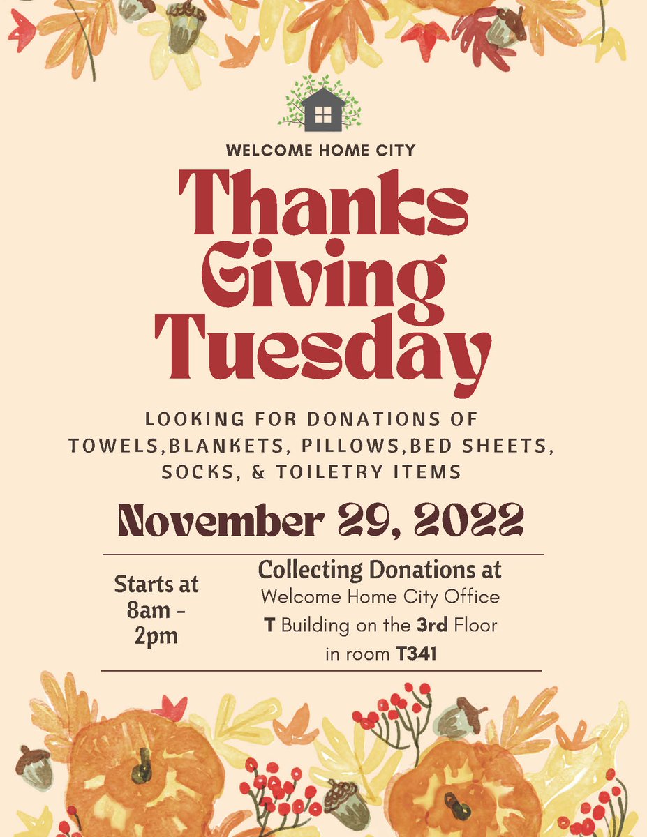 This Giving Tuesday, we are collecting donations for our students in need. We are accepting essential items like new towels, blankets, pillows, sheets, socks, and other toiletry items  from Tuesday-Thursday from 9am-2pm in T-341.  
#nonprofit  #college #donate 
#givingtuesday
