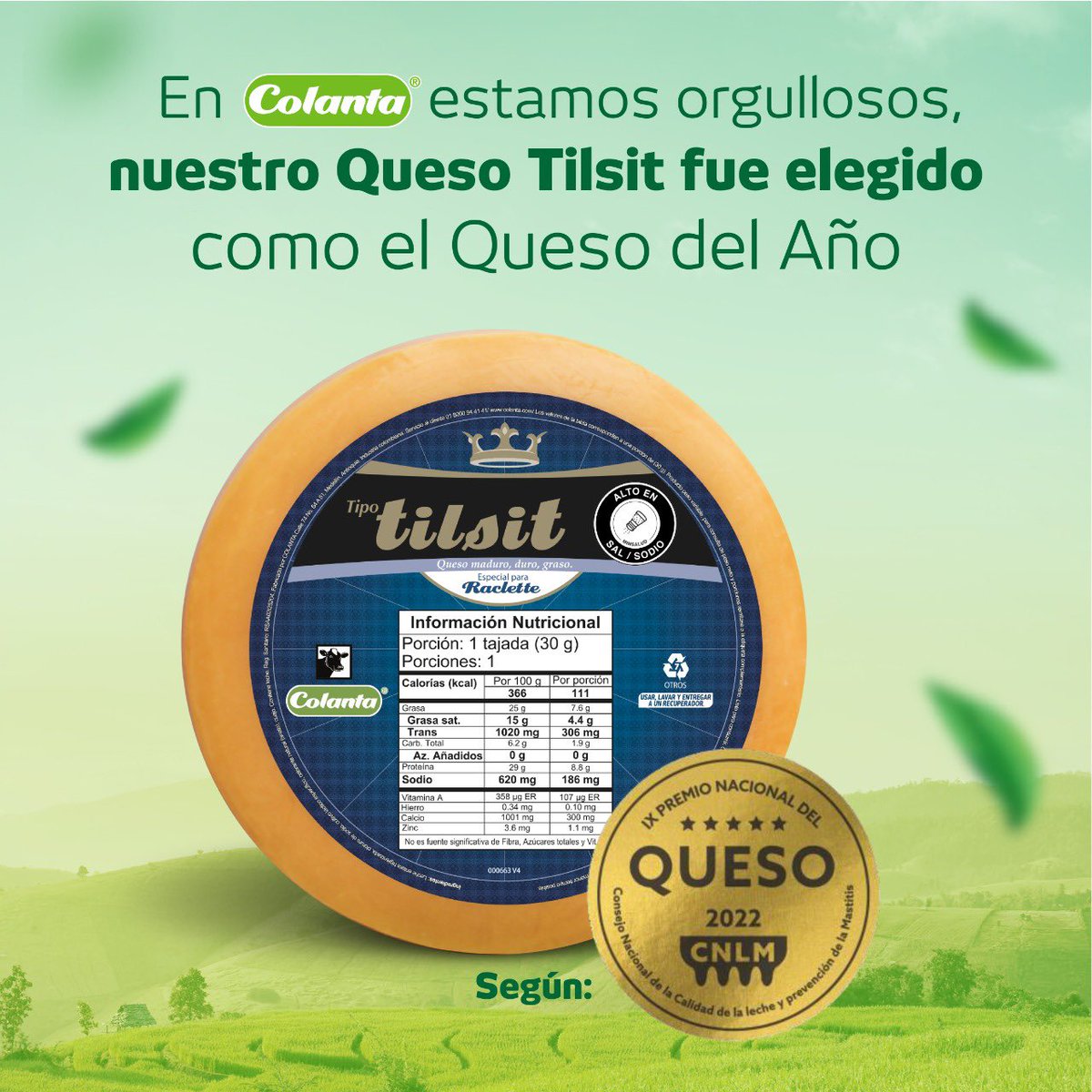 ColantaOficial's tweet photo. Estamos orgullosos de contarte que el mejor Queso del Año elegido en el IX Premio Nacional del Queso de la CNLM 2022 se queda en casa y es nuestro Queso Tilsit https://t.co/KgsueW2Xw8