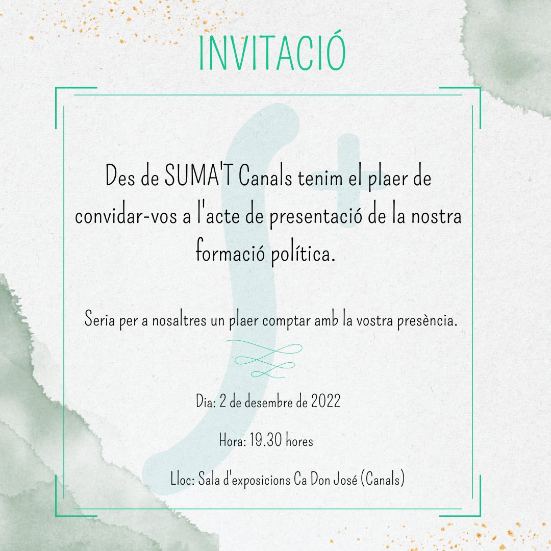 📣 🎉 ACTE DE PRESENTACIÓ DE SUMA'T

🗣️ Aquest divendres tindrà lloc la presentació ofical de la nostra formació política.

🤩 Esteu totes i tots convidats a aquest acte on posarem noms i cognoms a les persones que formen part de SUMA'T.

😃 Ens acompanyes?