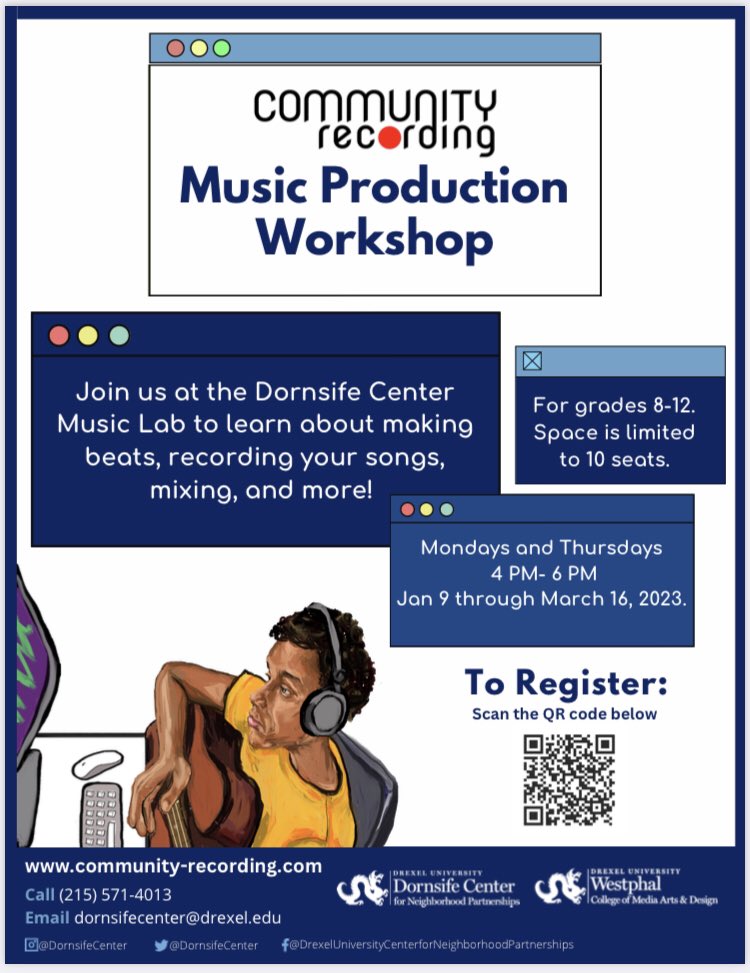 AFELphilly's tweet photo. You’re invited 🫵🏾 to Dornsife’s Community Recording Open House tomorrow! From 4 to 6, you can learn about the production tools and people you’ll meet in their Music Production Workshop in January. To register for the workshop, see the link below.

https://t.co/O8pFWB5Sa9 https://t.co/jPBrN7SOJj