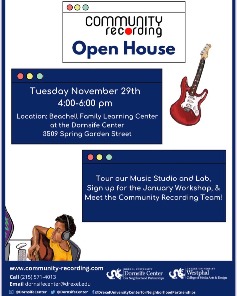 AFELphilly's tweet photo. You’re invited 🫵🏾 to Dornsife’s Community Recording Open House tomorrow! From 4 to 6, you can learn about the production tools and people you’ll meet in their Music Production Workshop in January. To register for the workshop, see the link below.

https://t.co/O8pFWB5Sa9 https://t.co/jPBrN7SOJj