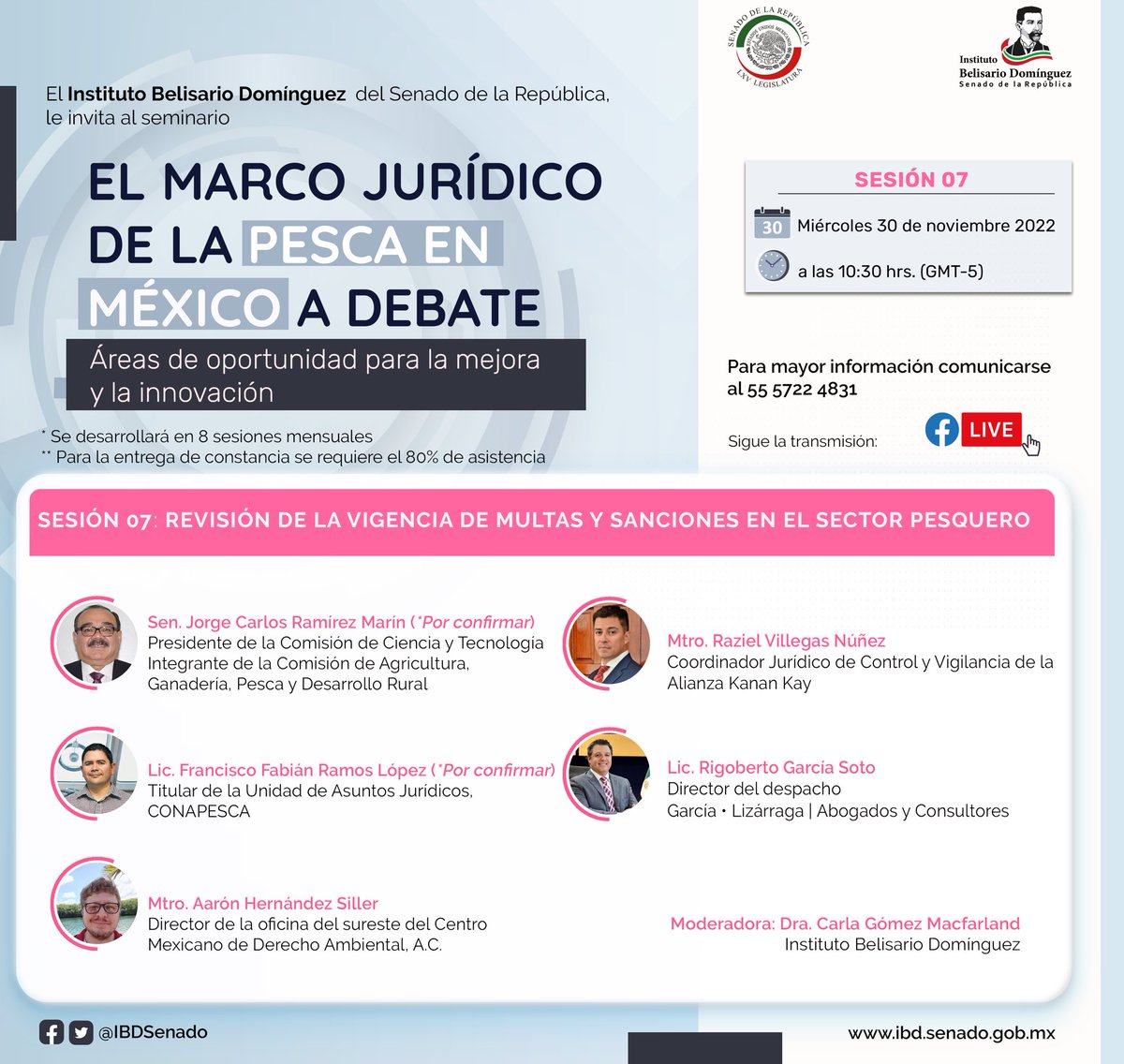 Este 30 de noviembre a las 10:30 horas, participaremos en el Seminario “El marco jurídico de la pesca en México a debate”, que organiza el Instituto Belisario Domínguez del Senado de la República, para conversar sobre el régimen de sanciones en materia de pesca. Acompáñanos!