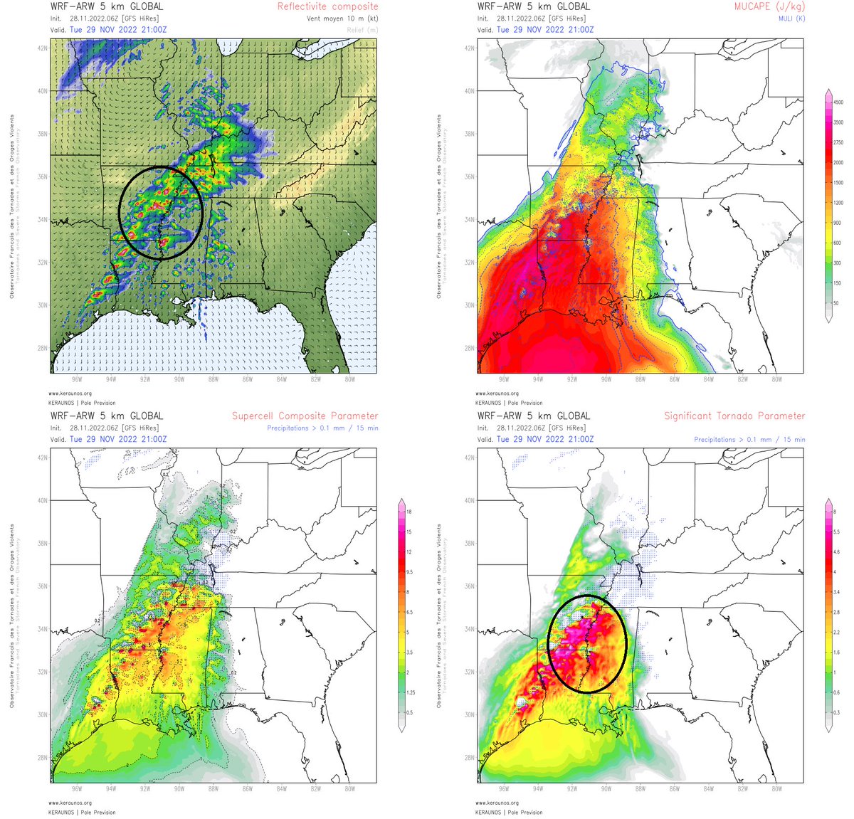 Ce mardi, risque d'#orages parfois violents avec probabilité significative de #tornades et de #grêle > 5 cm sur le sud des USA, notamment aux abords du #Mississippi, de l'#Arkansas et de la #Louisiane. A suivre ici : 