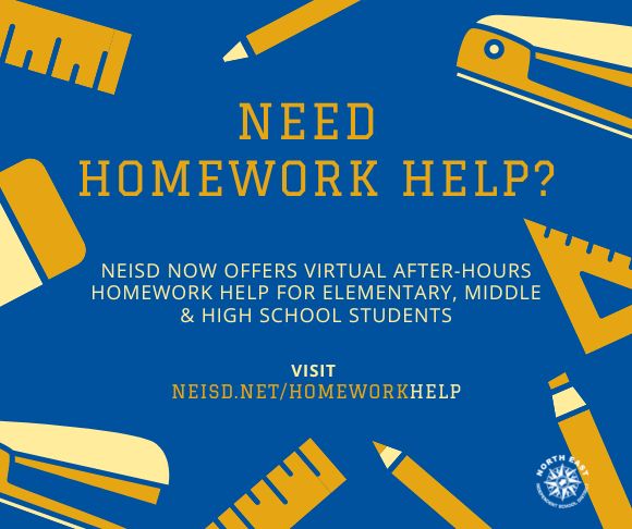NEISD now offers virtual after-hours homework help for elementary, middle and high school students. Students bring the questions, and our NEISD teachers will help them discover the answers. It’s available Monday-Thursday from 6-8 p.m. Visit neisd.net/homeworkhelp