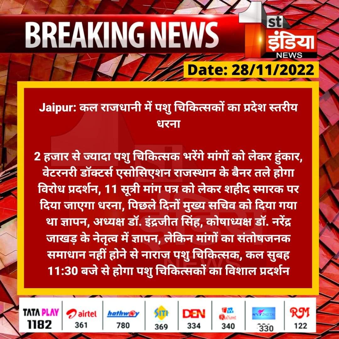 प्रदेश के पशुचिकित्सकों द्वारा अपनी 11- सूत्रीय मांगों के क्रम में आज से
शहीद स्मारक, MI रोड़, जयपुर पर विशाल धरना एवं प्रदर्शन I
जननायक से गुहार है कि लम्पी रोग आपदा में दिन-रात बेहतरीन कार्य करने वाले राज्य के पशुचिकित्सकों को न्याय देवें I🙏🙏
<a href="/ashokgehlot51/">Ashok Gehlot</a>
<a href="/AHDRajasthan/">Department Of Animal Husbandry, Govt Of Rajasthan</a>