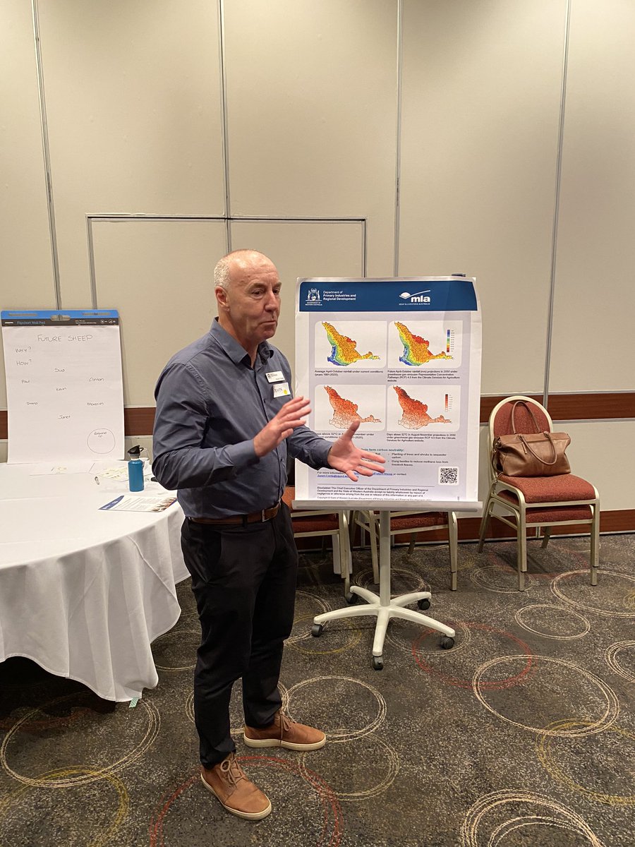 MeredithGuthr15's tweet photo. Listening to @kfoster_DPIRD talking about SheepLinks: FurureSheep at @DPIRDbroadacre farming systems end of year conference with my maps! #climate #futuresheep https://t.co/pXVgCVQRIk