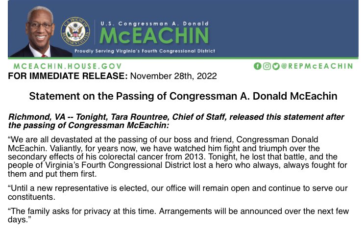 Absolutely heartbroken at the news that @RepMcEachin lost his long-fought battle tonight. Not only was Don McEachin the ultimate public servant and the epitome of true leadership, he was a remarkable friend. I will miss him terribly. Rest easy, Don.
