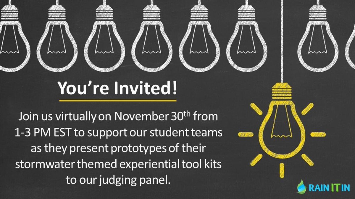 Join us virtually on November 30th from 1-3 PM EST to support our #student teams as they present their #stormwater themed experiential tool kit prototypes to our judging panel.

Students are competing from: <a href="/WesternU/">Western University</a>, <a href="/mcgillu/">McGill University</a>, <a href="/UTM/">U of T Mississauga</a> &amp; <a href="/uvic/">UniversityOfVictoria</a>

Register here: forms.gle/2T2gcN7sR611CN…