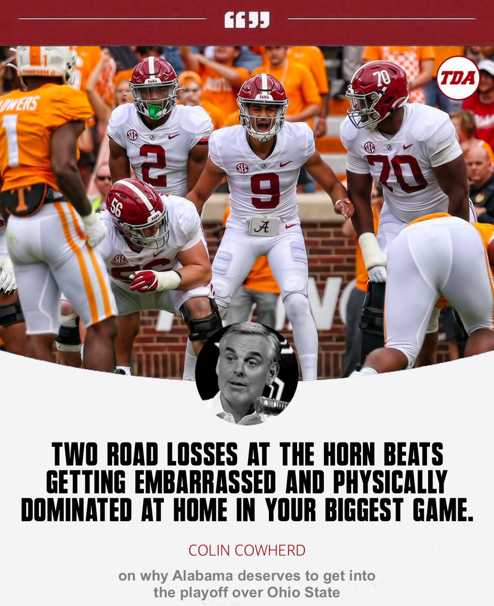 TDAlabamaMag's tweet photo. Colin Cowherd believes Alabama's resume warrants a playoff berth over Ohio State.

Do you agree? https://t.co/6BS2CKjK5i
