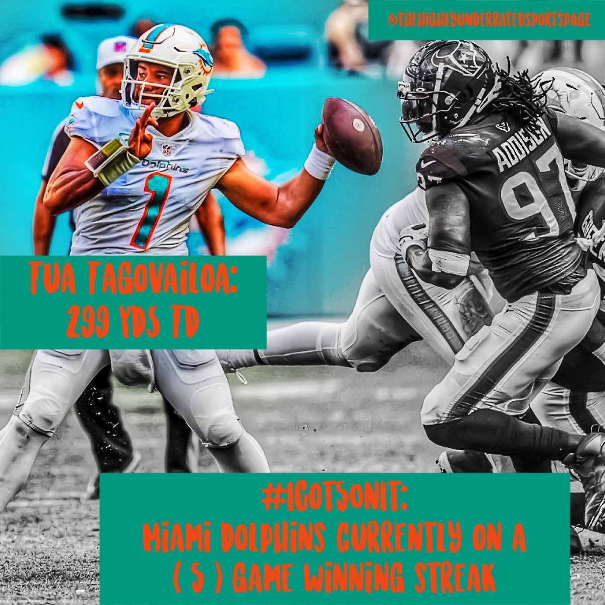 HighlyUndSP's tweet photo. Miami Dolphins made slight work of the Houston Texans to remain the top squad in the AFC East and build that winning streak up to ( 5 ). #SwimGood #NFL #Week12 #HOUvsMIA #Texans #Dolphins @AndrewVanGinkel @Tua #NFLTwitter #thehighlyunderratedsportspage https://t.co/3SCYicTe6q