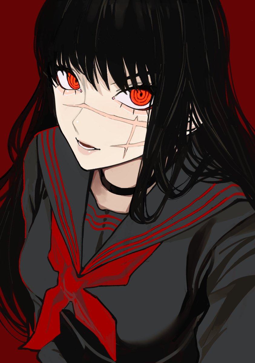1girl school uniform scar solo long hair black hair red background  illustration images