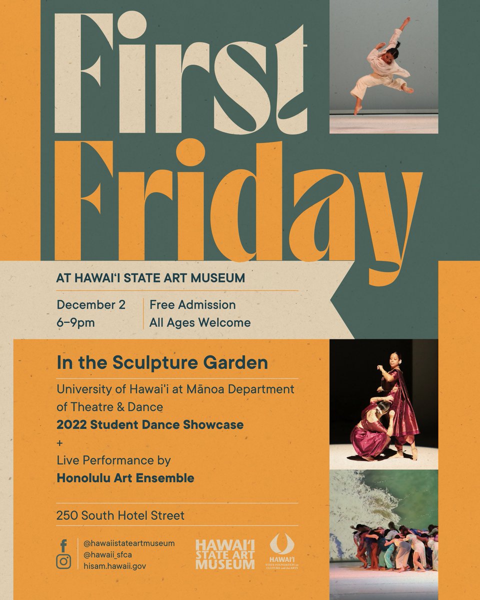 capitolmodern's tweet photo. The last #FirstFriday of 2022 is upon us! The UHM Department of Theatre and Dance shares "DANCE. NOW." 🕺 in the Sculpture Garden and the Mirror Room at the First Friday Festivities on December 2nd.
FREE | All ages welcome. | Food + Drink available for purchase
#HiSAM #HiSAMLife https://t.co/YoGik1fQeP